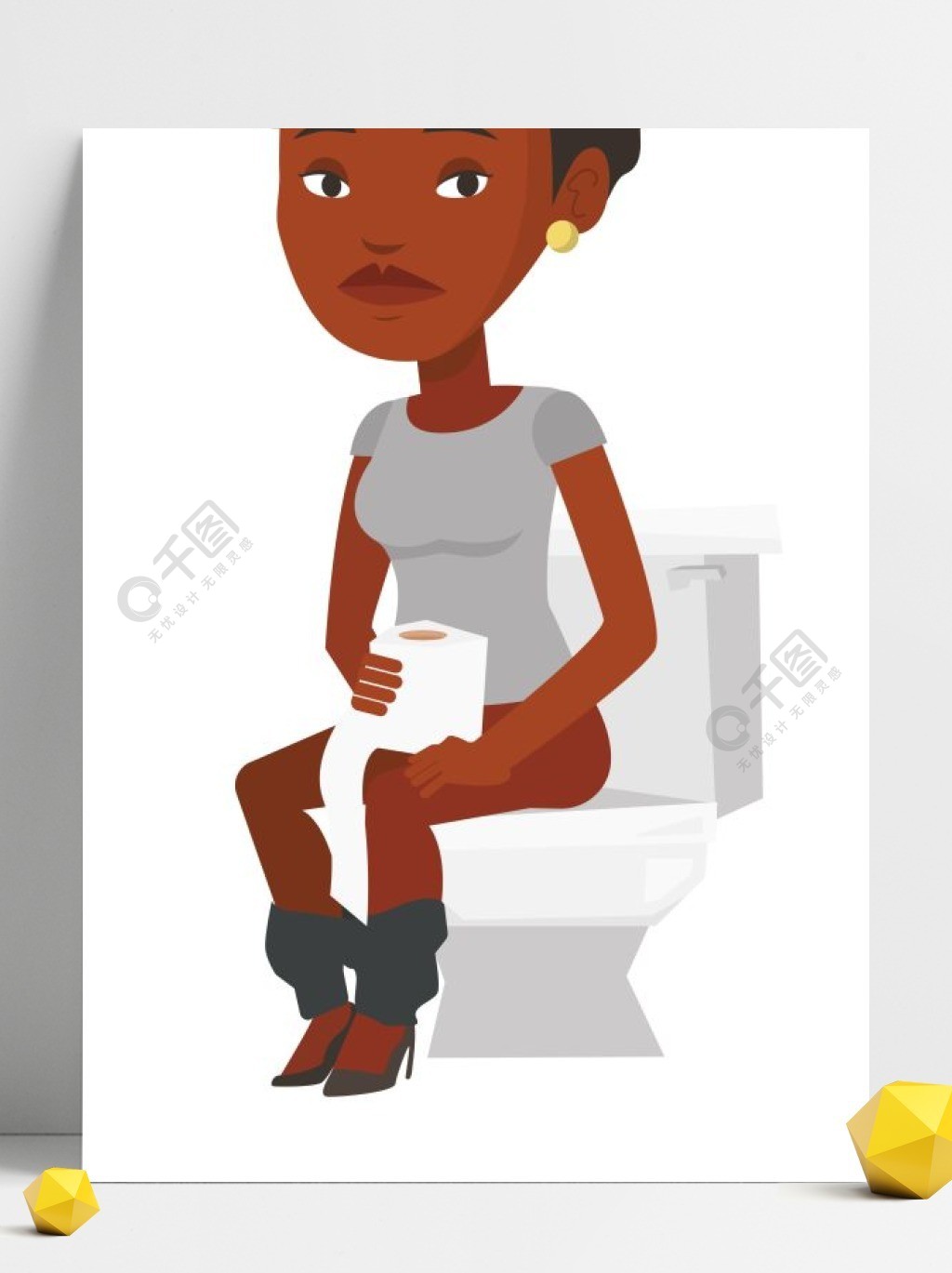 坐马桶和遭受腹泻的非裔美国人的妇女拿着卫生纸卷和遭受腹泻的妇女