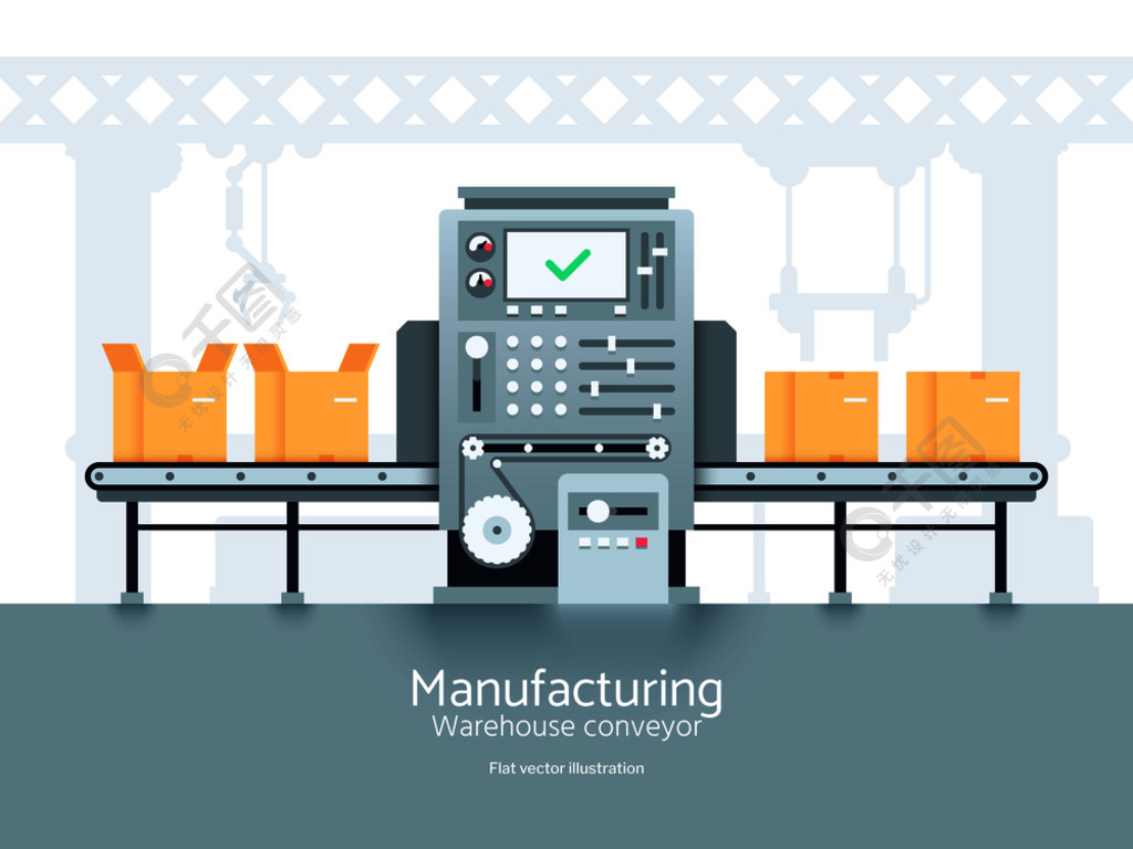 制造仓库输送机装配生产线平面向量工业概念输送机生产厂,制造机器