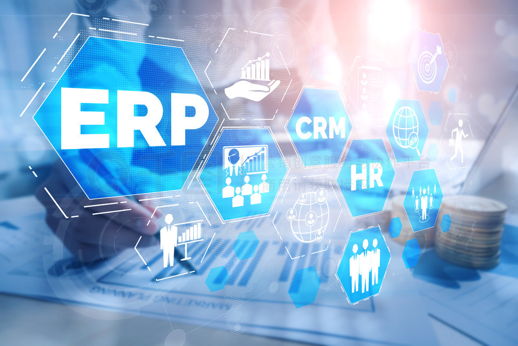 企业资源管理ERP软件系统用于业务资源计划，以现代图形界面呈现，显示了管理公??司企业资源的未来技术