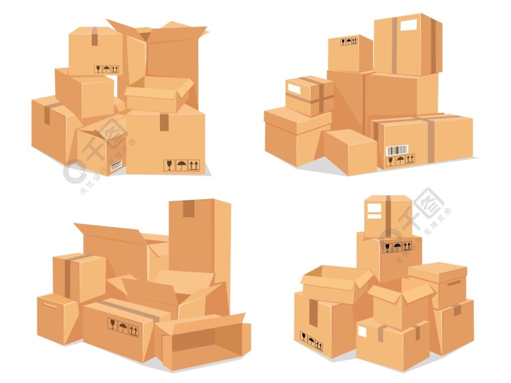 纸箱堆栈大堆交付棕色纸板箱卡通堆积的仓库包裹包装搬到新房子矢量集