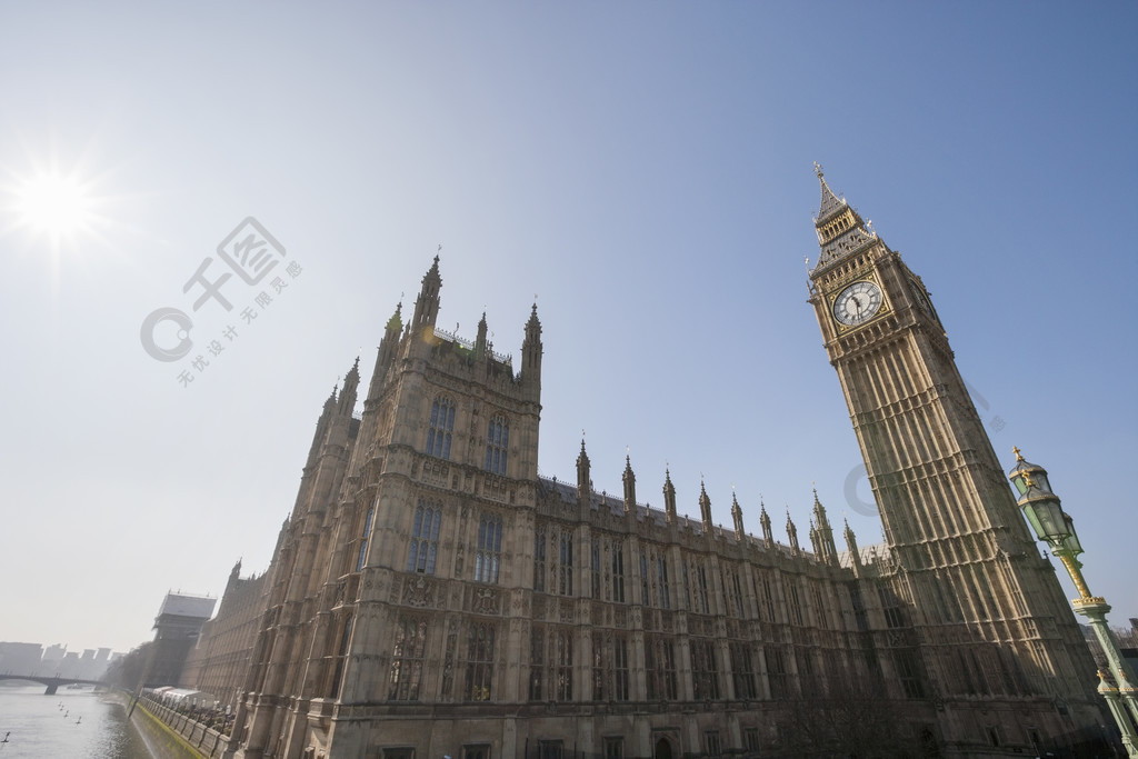 大笨钟和议会大厦低角度视图反对晴朗的天空在伦敦英国英国