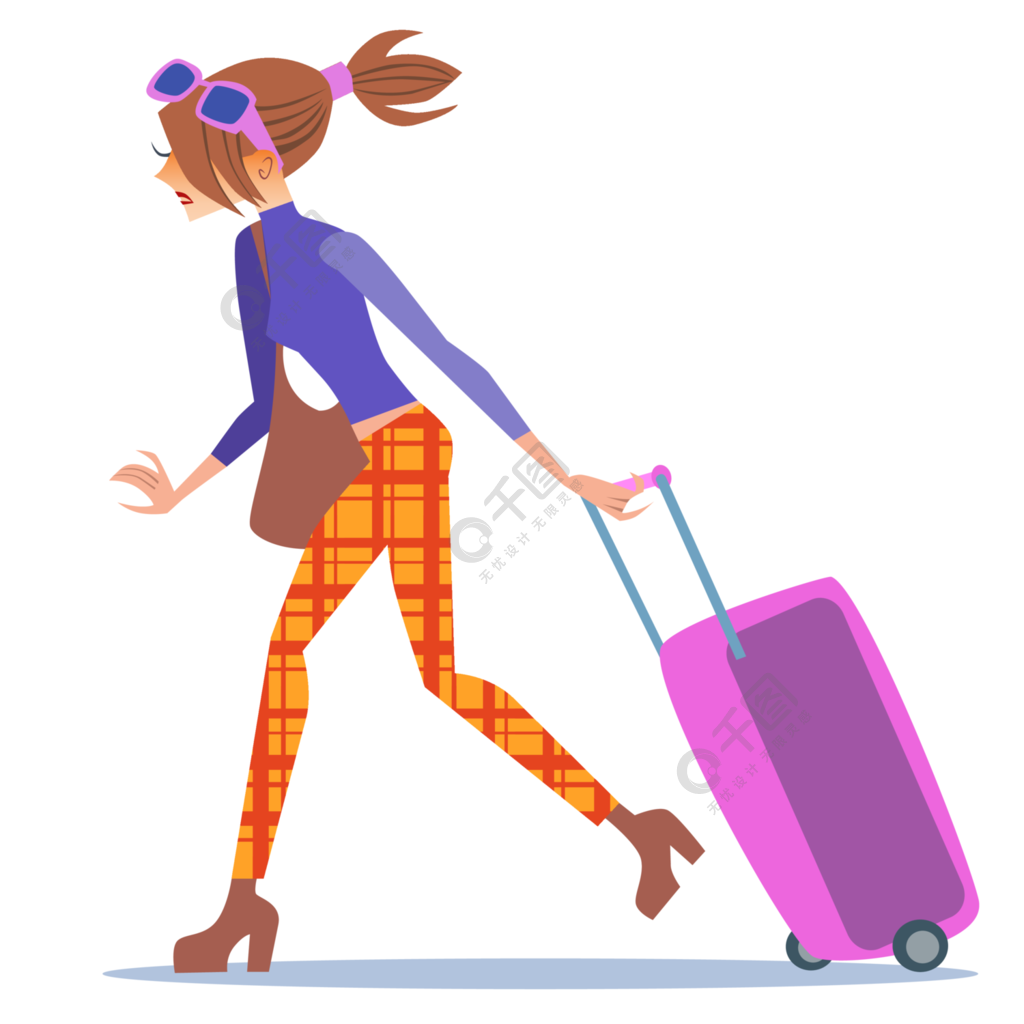 走与手提箱旅途的旅游妇女漂亮的红发女郎女孩旅游女人走着手提箱的