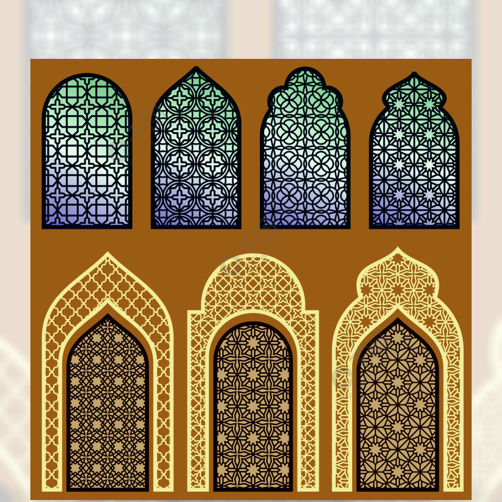 伊斯兰门窗与阿拉伯艺术装饰图案矢量集在伊斯兰教的样式样式的门窗