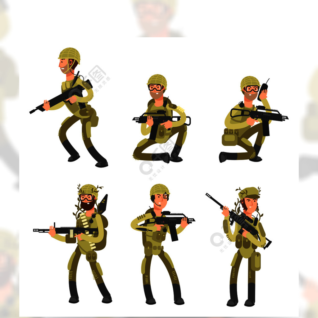 军队动画片在白色背景隔绝的制服的人战士军事概念矢量图穿制服的陆军