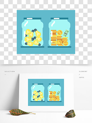节省金钱和想法硬币和灯在玻璃瓶子矢量图财政现金和想法在玻璃银行中