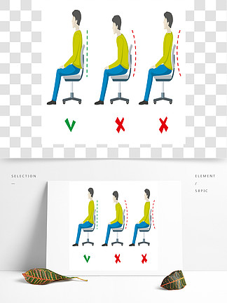 脊柱坐姿对与错矢量办公室健康平面图表脊柱坐姿对与错矢量办公室健康