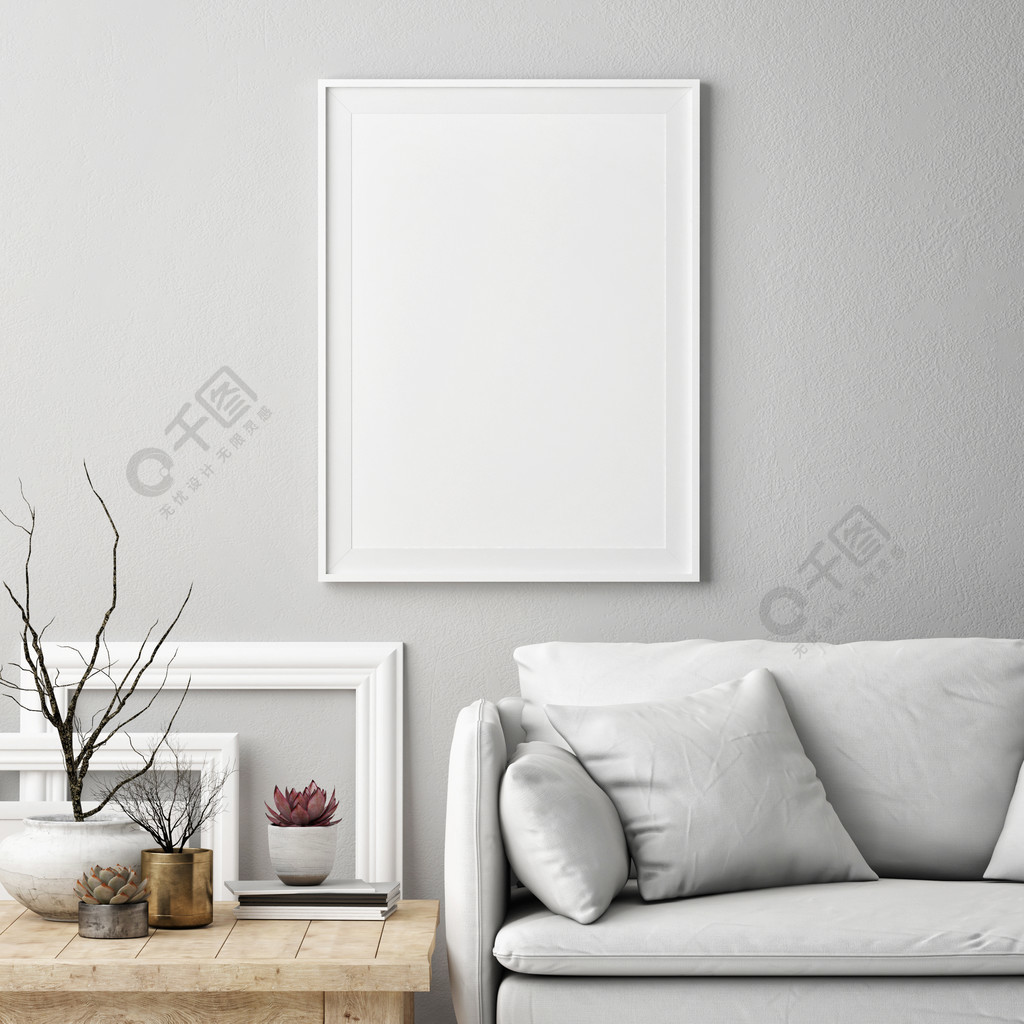 模拟海报在北欧客厅内部, 白色舒适的沙发与家具, 3d
