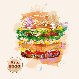 水彩漢堡或三明治。快餐食品素描