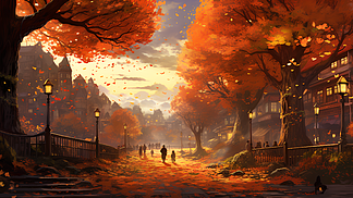 庭院四季风景摄影图秋天的一天,树木泛黄,在风中飘动