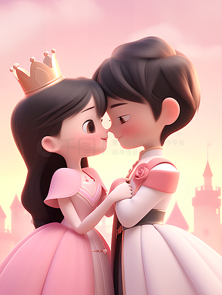 520情人节超级可爱的王子和公主一起看日出插画
