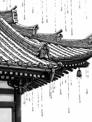 中国风寺庙的屋顶看起来宁静祥和,屋檐上挂着一串串的雨滴水墨画