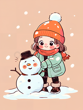 冬季可爱女孩和雪人插画