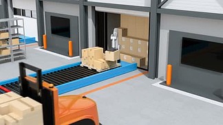 工业机器人从半卡<i>车</i>上卸包裹。自动叉<i>车</i>驾驶与托盘的货物。物流自动化的概念。3d 渲染动画.