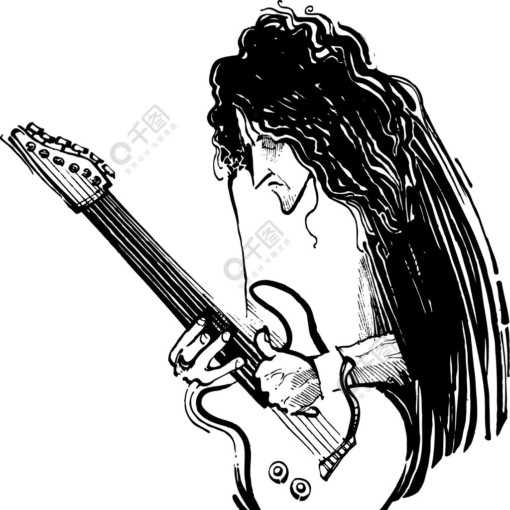 用电吉他绘制吉他手的素描插图