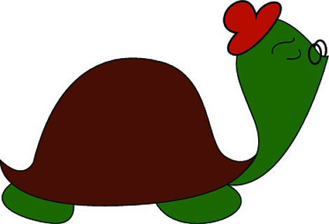 有趣的绿色卡通龟,带有深棕色的外壳或盾牌,戴着红色的夏帽,鼻子上戴