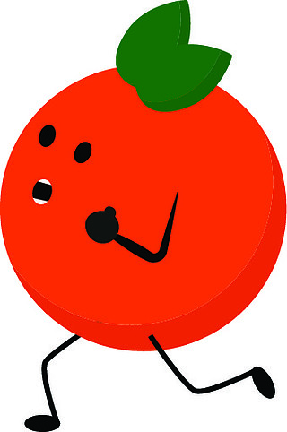 橙色水果的表情符号,其头口顶部有两片椭圆形绿叶,大开,棍脚以令人