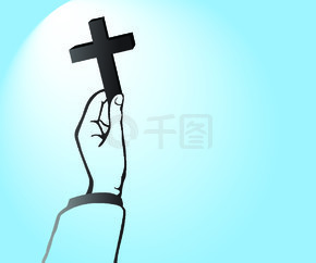 上帝之光、手握基督教十字架和蓝色背景矢量图