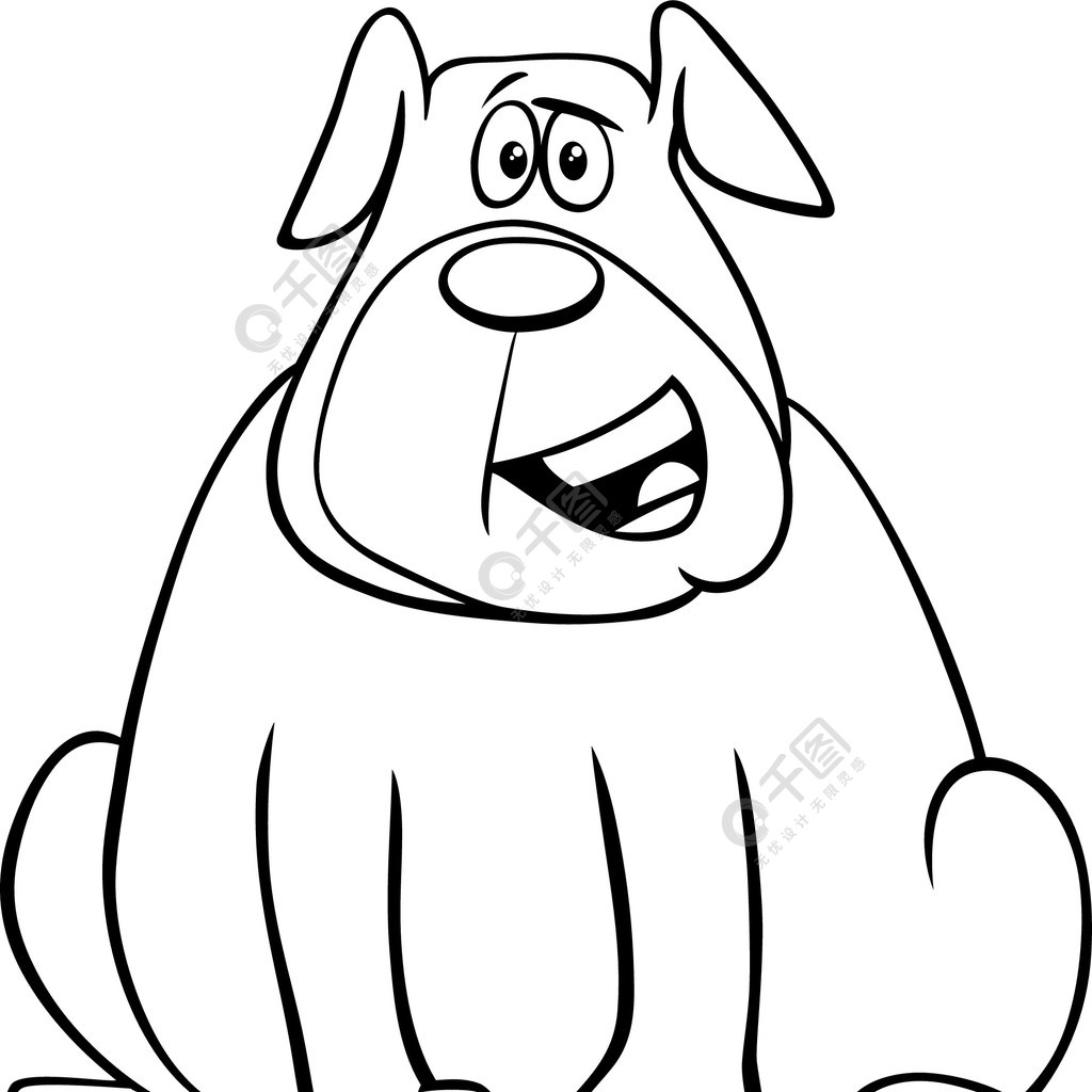 快乐超重狗漫画动物人物着色书页的黑白卡通插图
