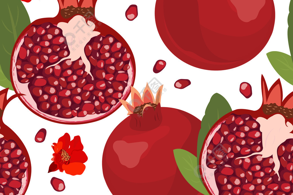 白色背景上的无缝图案石榴果实和种子新鲜有机食品红宝石果实图案矢量