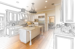 美丽的定制厨房设计图和渐变照片组合。