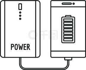 移动电源充电智能手机图标。大纲电源银行充电智能手机矢量图标，用于在白色背景上隔离的网页设计。充电宝充电智能手机图标，轮廓样式