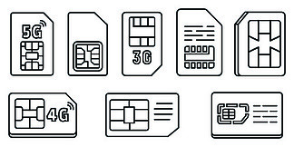 芯片电话卡图标设置。大纲集的芯片电话卡矢量图标，用于在白色背景上隔离的网页设计。芯片电话卡图标集，大纲样式
