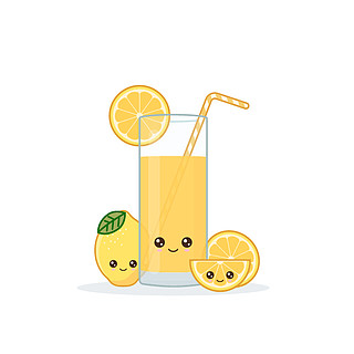 柠檬汁可爱的卡哇伊微笑卡通果汁片在玻璃与果汁吸管
