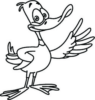 概<i>述</i>了用他的翅膀呈现的卡通鸭。矢量线条艺术插图着色页。