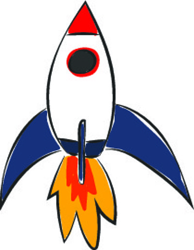 一种红色鼻子的飞行小火箭,发出炽热的火焰矢量彩绘或插图