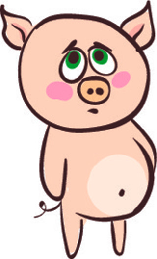 一头悲伤的玫瑰色猪的表情,它的腹部突出,黑色的短尾巴盘绕在背部,在