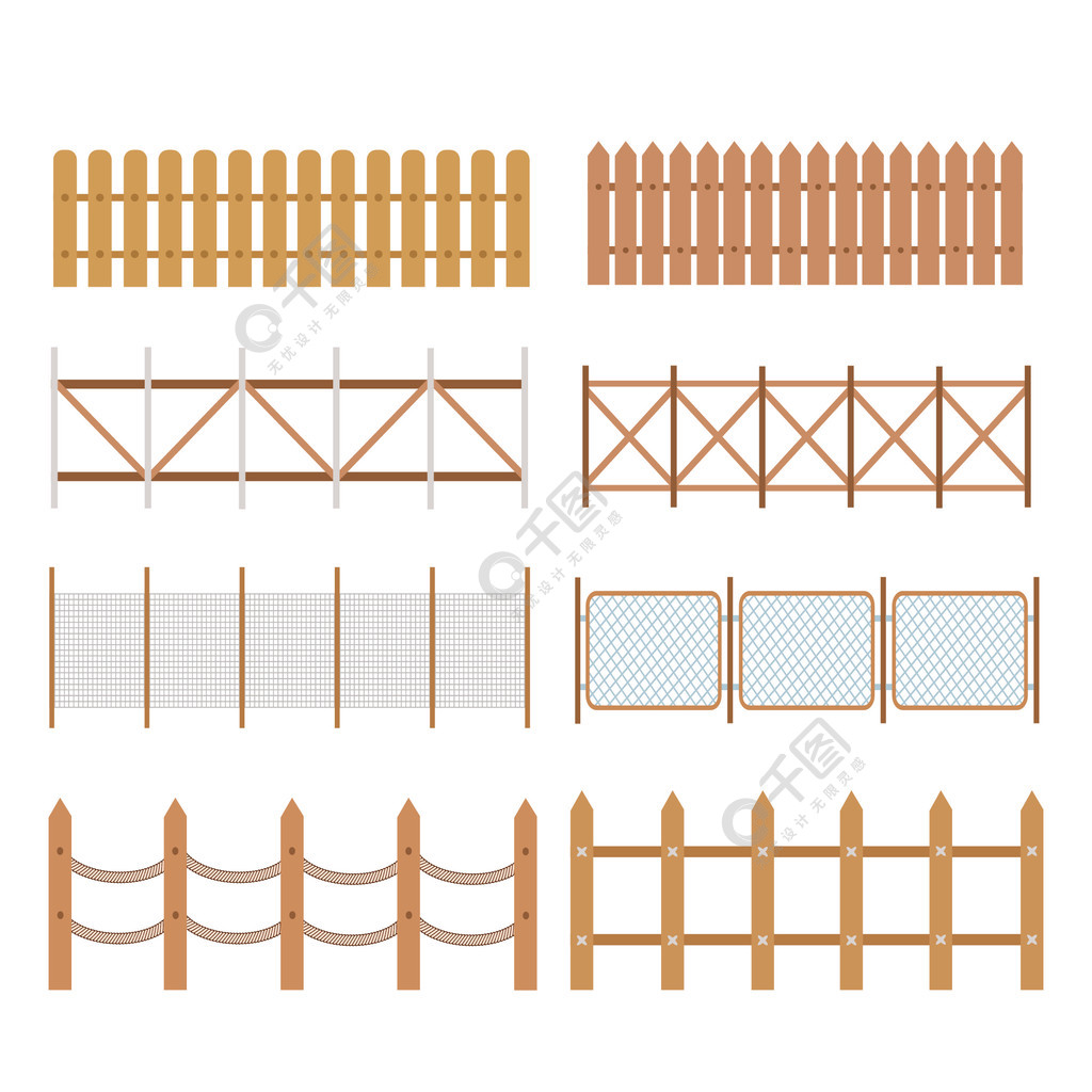 一套农村木栅栏纠察队矢量用于花园插图的白色剪影围栏