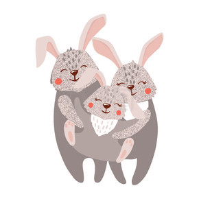 森林动物妈妈,爸爸和小兔子矢量图可爱的手绘白色的快乐野兔家庭