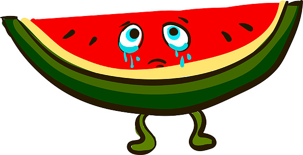 用眼泪,矢量图,彩绘或插图哭泣的切片红西瓜的卡通片