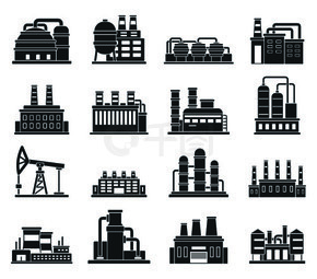 炼油厂工厂图标设置。一套简单的炼油厂工厂矢量图标，用于白色背景上的网页设计。炼油厂工厂图标集, 简约风格