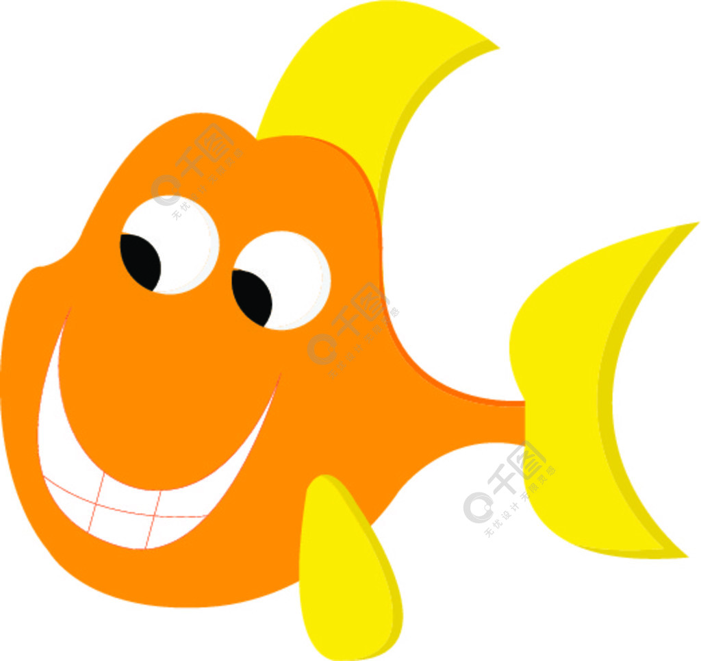 一条微笑的橙色和黄色卡通鱼眼睛向下看是快乐的矢量彩绘或插图