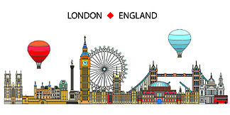 伦敦地标的彩色矢量线条艺术插图在白色背景下被隔离。伦敦天际线矢量图。英国伦敦景点的矢量色彩丰富的插画集。