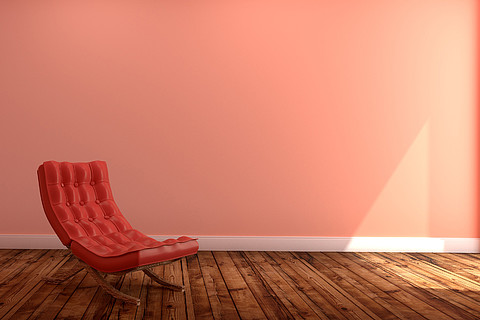客厅内部配有红色沙发,空粉色墙壁背景上的木地板 3d 渲染