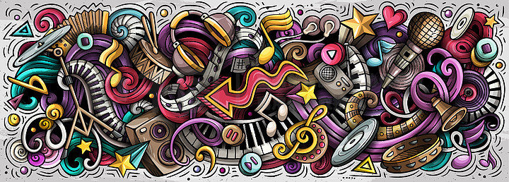 音乐手绘卡通涂鸦插图音乐有趣的对象和元素海报设计创意艺术背景