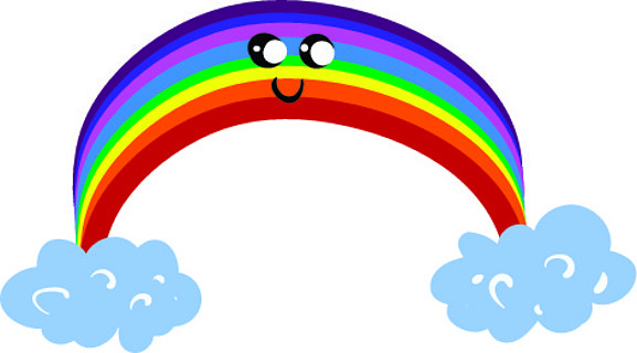 左下眼滚动的可爱彩虹的表情符号有一个封闭的微笑,转向脸颊矢量彩绘