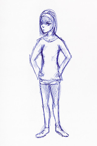 白纸上用蓝色墨水手绘的穿着运动服的少女素描