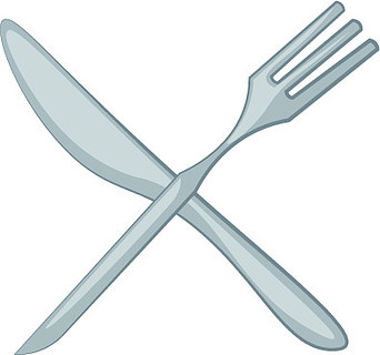 一个红色的餐具架,带有勺子叉子和刀子,旁边还有一个咖啡杯,矢量彩绘
