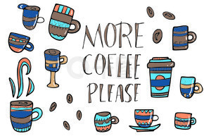 更多咖啡请用杯子刻字。一套带有涂鸦风格的热饮料的杯子。海报模板。矢量图。