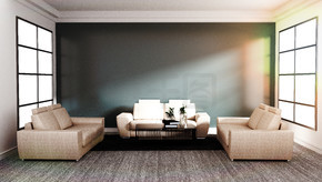 现代当代风格，客厅室内设计模拟。 3D 渲染