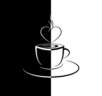 有蒸汽的咖啡杯以心脏的形式,黑白样式