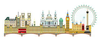 伦敦地标的彩色矢量插图。孤立在白色背景上的城市天际线矢量图。英国伦敦景点的全景矢量色彩丰富的插画。