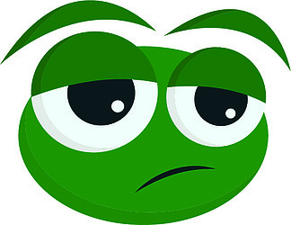 绿蛙的卡通画，眼睛鼓胀肿胀，左下角滚动，看起来很疲倦，对白色背景、矢量图、彩绘或插图表达悲伤。