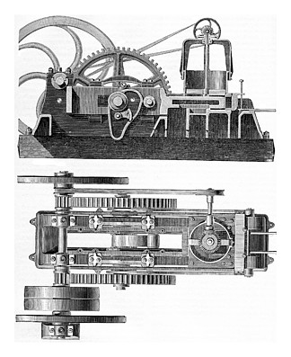 机器杜兰德和玛莱。立面图和平面图，复古雕刻插图。工业百科全书 <i>E</i>.-O。拉米 - 1875 年。