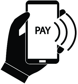 付款与白色背景上的智能手机图标。在线移动支付标志。非接<i>触</i>式支付符号。平面样式。