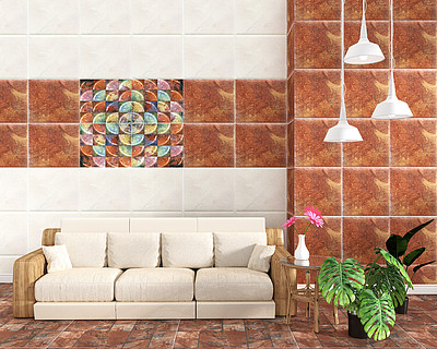 客厅内部,瓷砖棕色地板上的瓷砖经典纹理墙背景,最小的设计,3d 渲染