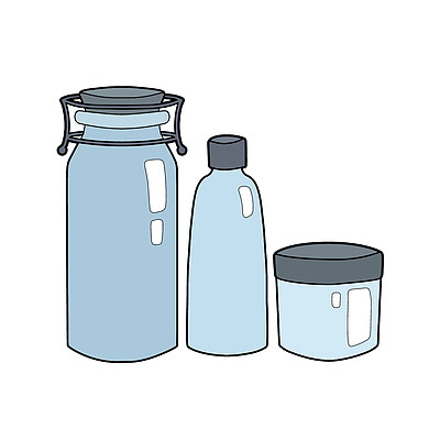 用于菜单,文章和您的设计的矢量元素一套卡通轮廓蓝色玻璃瓶和罐头